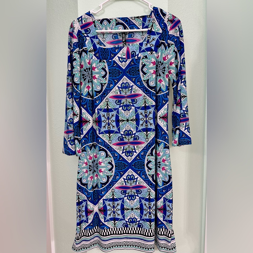 Easy Patterned Dress with Bell Sleeves  and square neck.